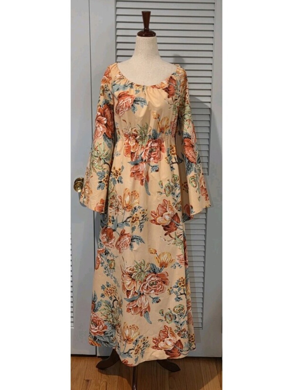 Vintage Maxi Dress Angel Sleeves "Lansbury" Screen Print Mid-Century Handmade